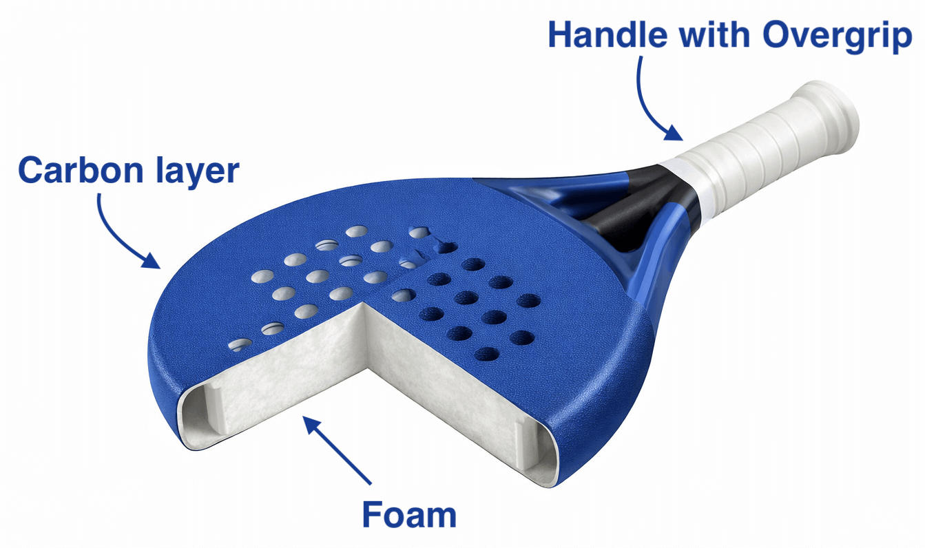 Cross-section view of a padel racket showing the internal core and layered construction